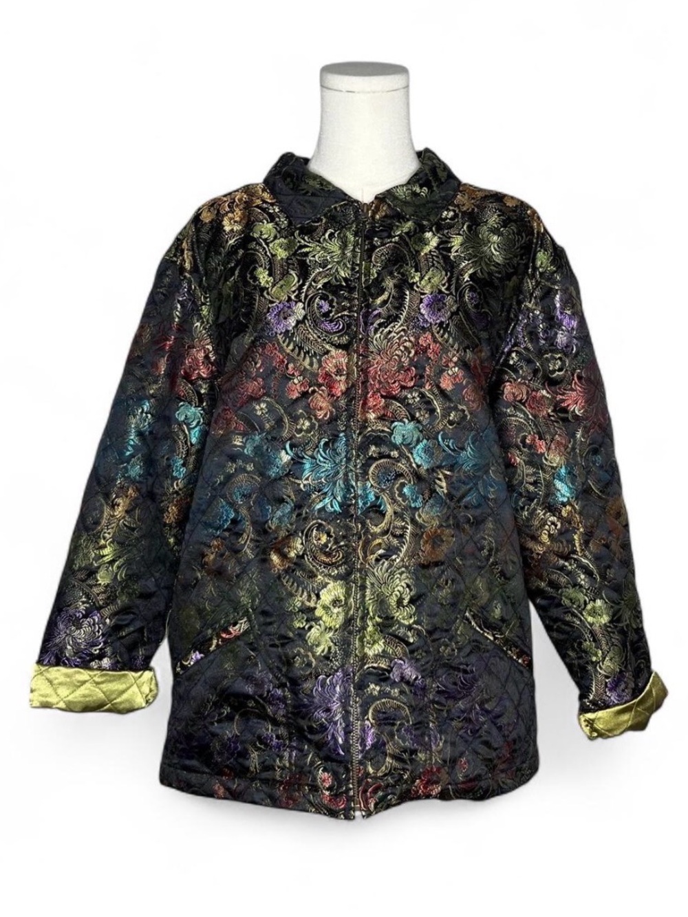 Vintage Chico’s Satin Quilted Tapestry Zip Up Jacket Artsy Art to Wear